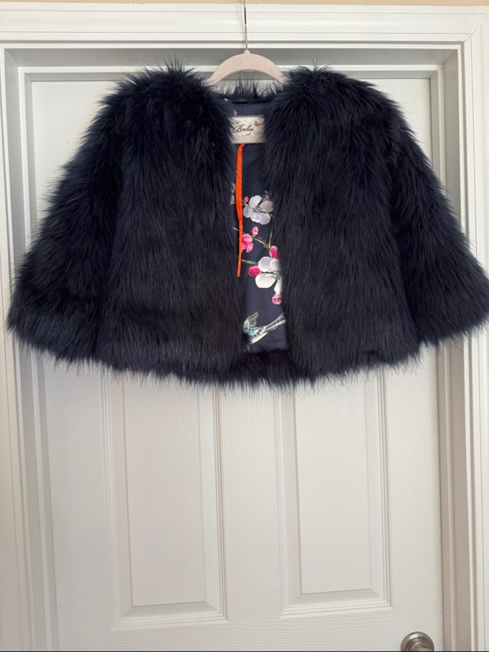 Bakers Black Faux Fur Cape with Floral Lining / Royal Blue